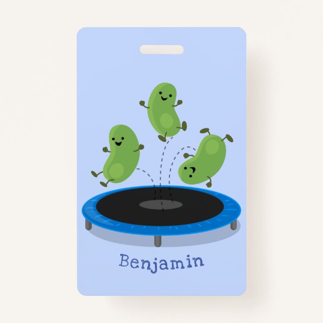 Cute funny green beans on trampoline cartoon badge (Front)