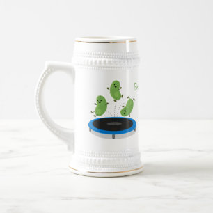 Cute funny green beans on trampoline cartoon beer stein