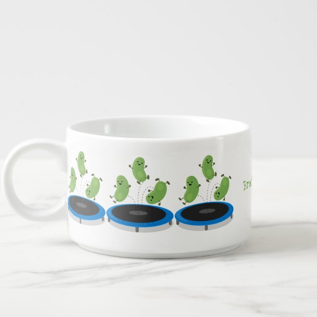 Cute funny green beans on trampoline cartoon bowl (Right)