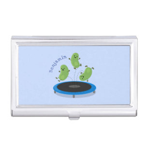 Cute funny green beans on trampoline cartoon business card case