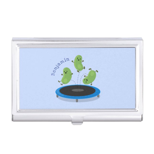 Cute funny green beans on trampoline cartoon business card case (Front)