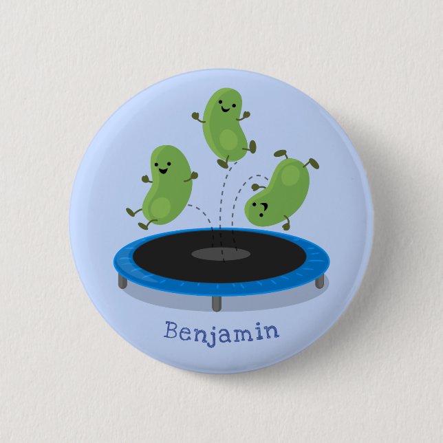 Cute funny green beans on trampoline cartoon button (Front)