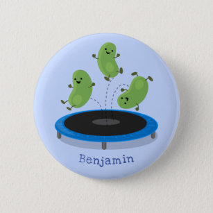 Cute funny green beans on trampoline cartoon button