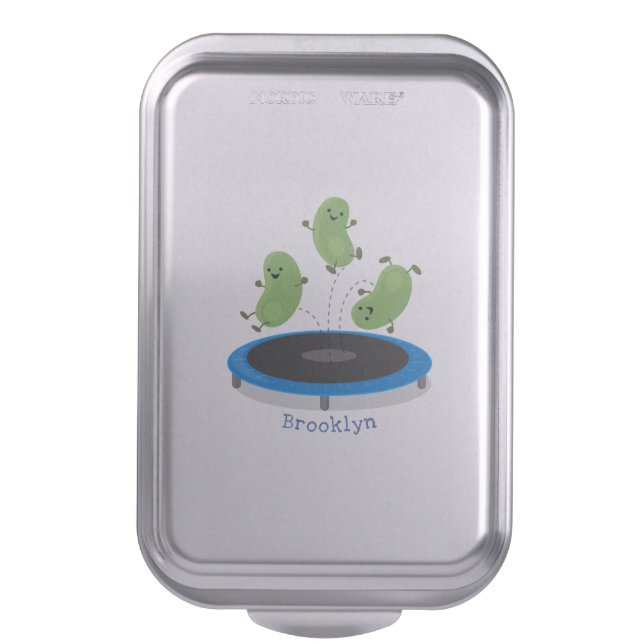 Cute funny green beans on trampoline cartoon cake pan (Front Vertical)