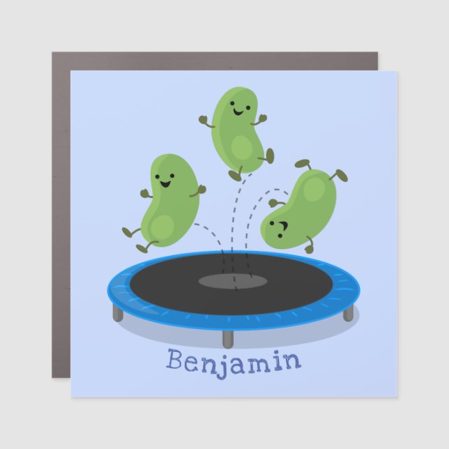 Cute funny green beans on trampoline cartoon car magnet (Front)