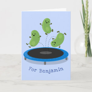 Cute funny green beans on trampoline cartoon card