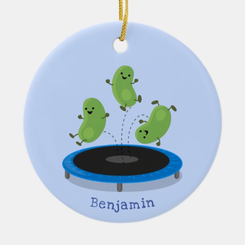 Cute funny green beans on trampoline cartoon ceramic ornament
