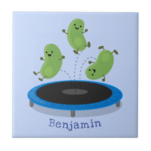 Cute funny green beans on trampoline cartoon ceramic tile