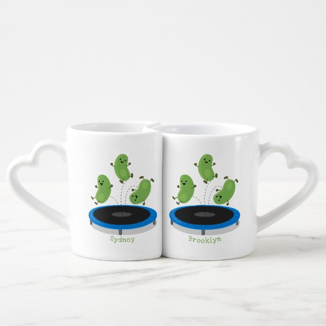 Cute funny green beans on trampoline cartoon coffee mug set (Back Nesting)