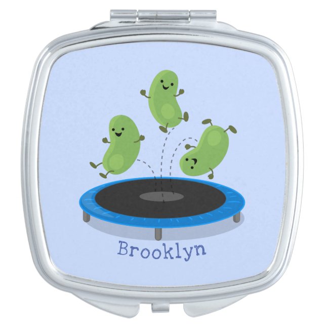 Cute funny green beans on trampoline cartoon compact mirror (Front)
