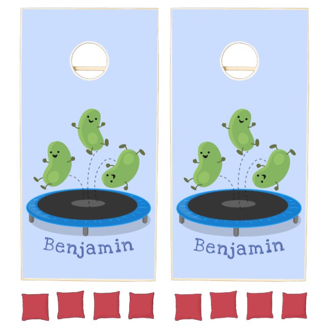 Cute funny green beans on trampoline cartoon cornhole set (Set)