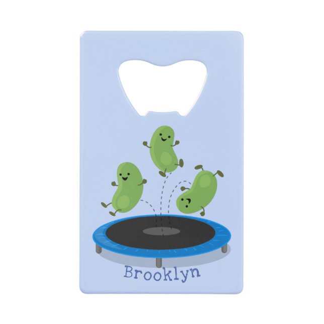 Cute funny green beans on trampoline cartoon credit card bottle opener (Front)