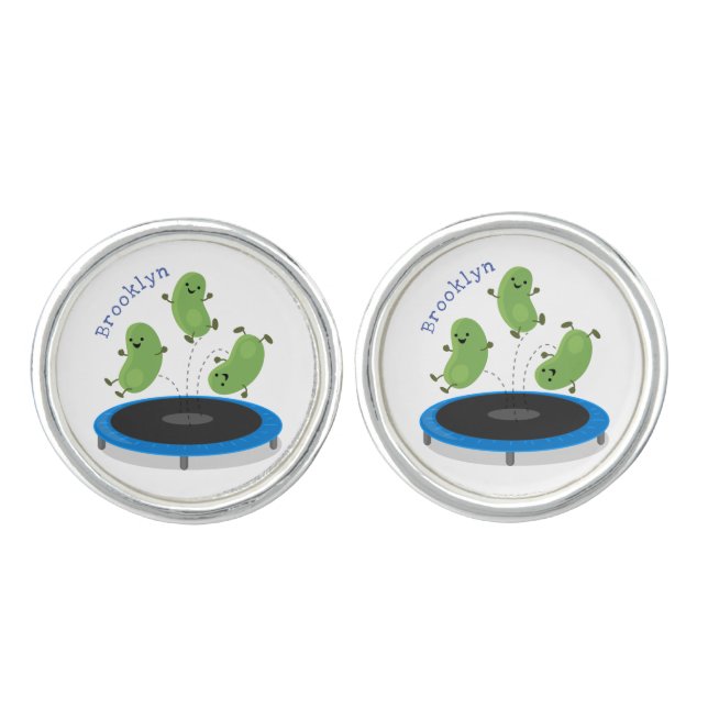 Cute funny green beans on trampoline cartoon cufflinks (Front)