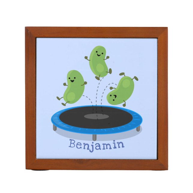 Cute funny green beans on trampoline cartoon desk organizer (Front)