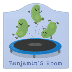 Cute funny green beans on trampoline cartoon door sign