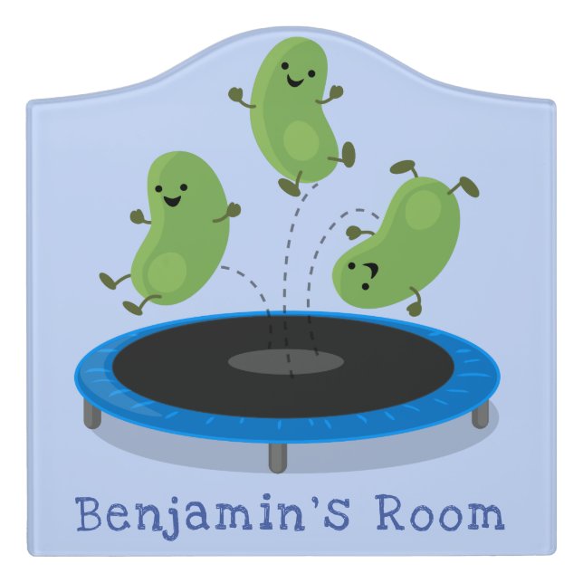 Cute funny green beans on trampoline cartoon door sign (Large Crest Front)
