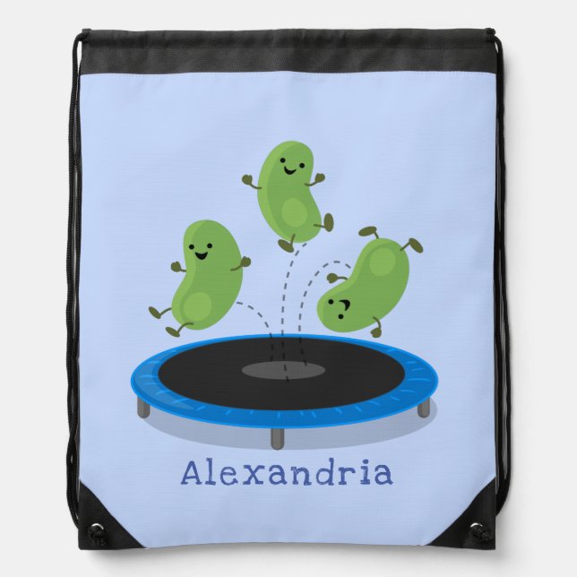 Cute funny green beans on trampoline cartoon drawstring bag (Front)