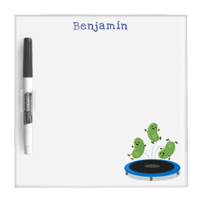 Cute funny green beans on trampoline cartoon dry erase board (Front)