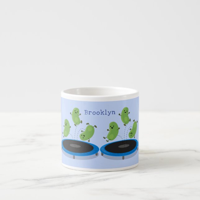 Cute funny green beans on trampoline cartoon espresso cup (Front)