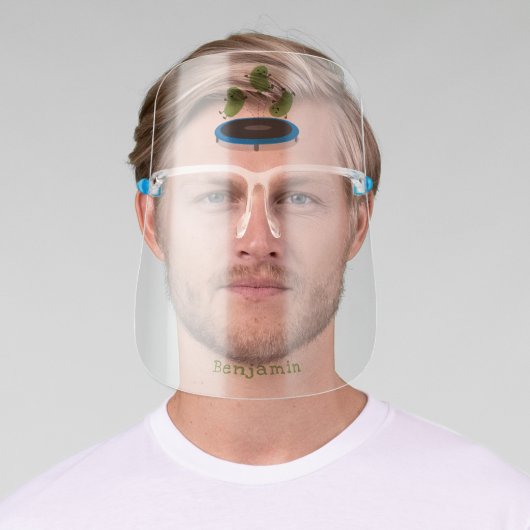 Cute funny green beans on trampoline cartoon face shield (Insitu)