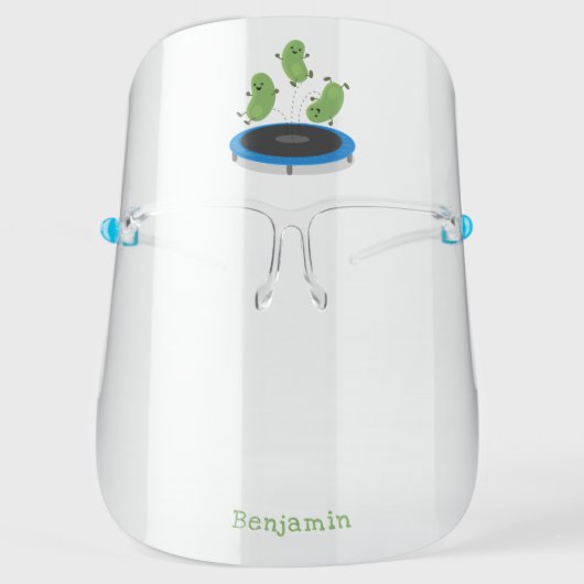 Cute funny green beans on trampoline cartoon face shield (Front)