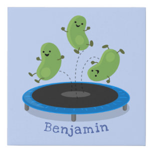 Cute funny green beans on trampoline cartoon faux canvas print