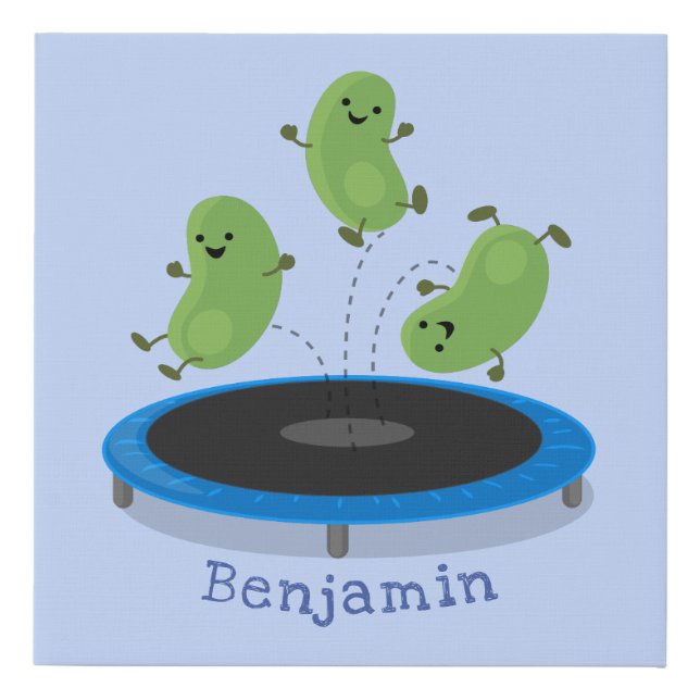 Cute funny green beans on trampoline cartoon faux canvas print (Front)
