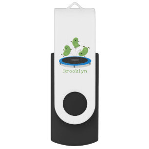 Cute funny green beans on trampoline cartoon flash drive