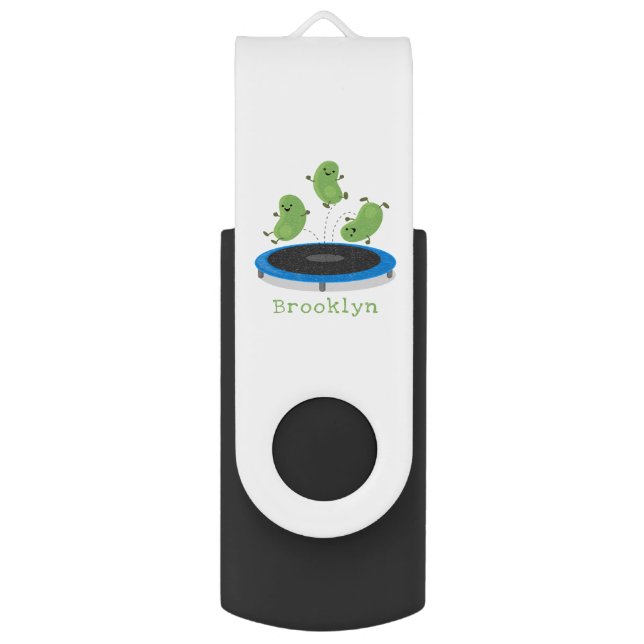 Cute funny green beans on trampoline cartoon flash drive (Front Vertical)