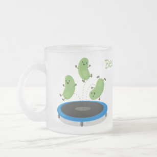 Cute funny green beans on trampoline cartoon frosted glass coffee mug