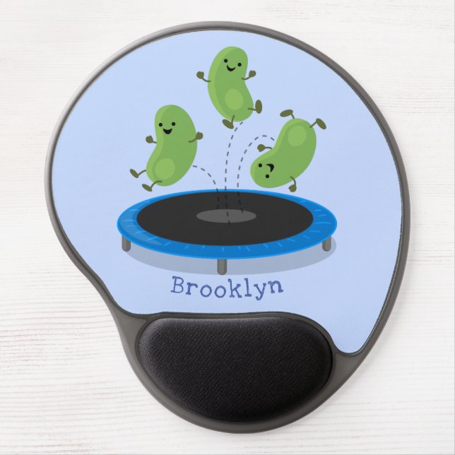Cute funny green beans on trampoline cartoon gel mouse pad (Front)