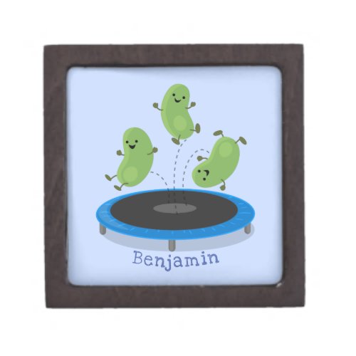 Cute funny green beans on trampoline cartoon gift box