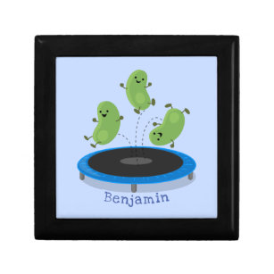 Cute funny green beans on trampoline cartoon gift box