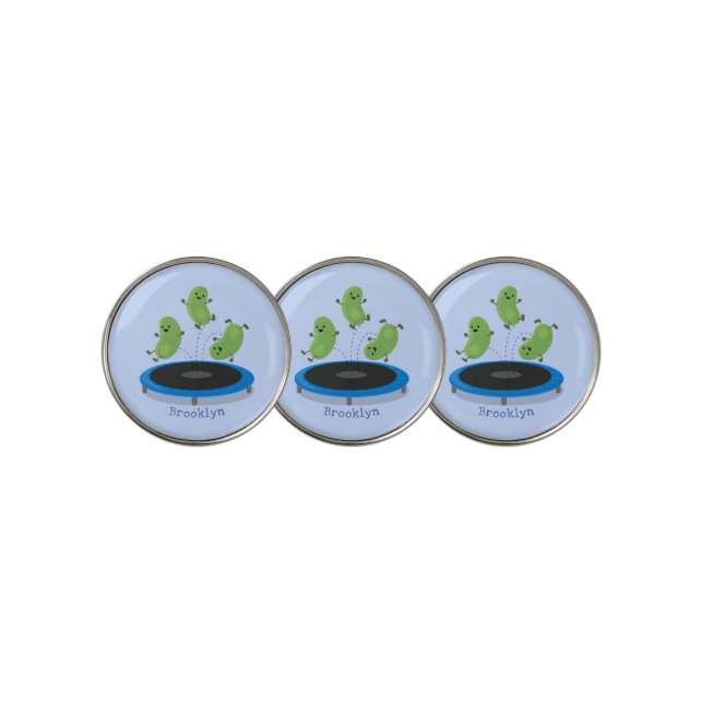 Cute funny green beans on trampoline cartoon golf ball marker (3 Up)