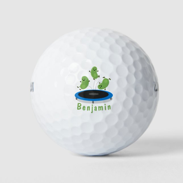 Cute funny green beans on trampoline cartoon golf balls (Front)