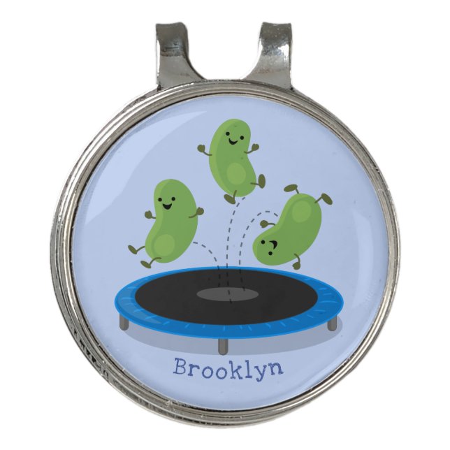 Cute funny green beans on trampoline cartoon golf hat clip (Front)