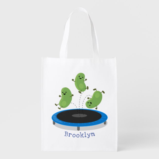 Cute funny green beans on trampoline cartoon grocery bag (Front)