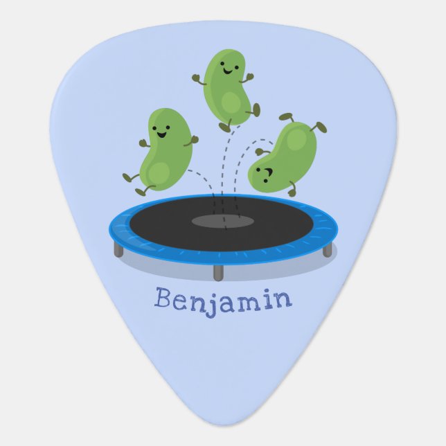 Cute funny green beans on trampoline cartoon guitar pick (Front)