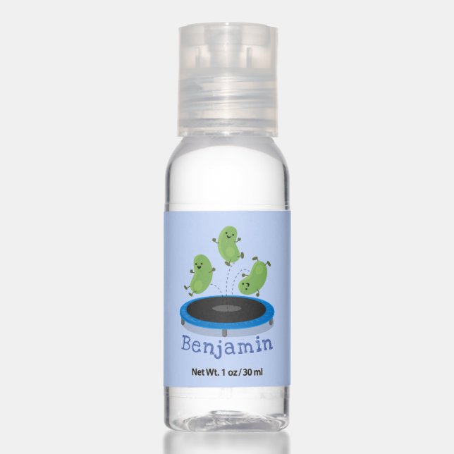Cute funny green beans on trampoline cartoon hand sanitizer (Front)