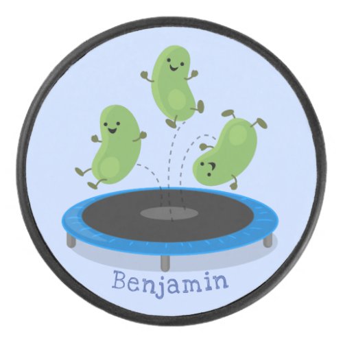 Cute funny green beans on trampoline cartoon hockey puck