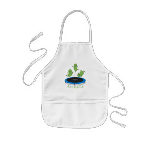 Cute funny green beans on trampoline cartoon kids' apron