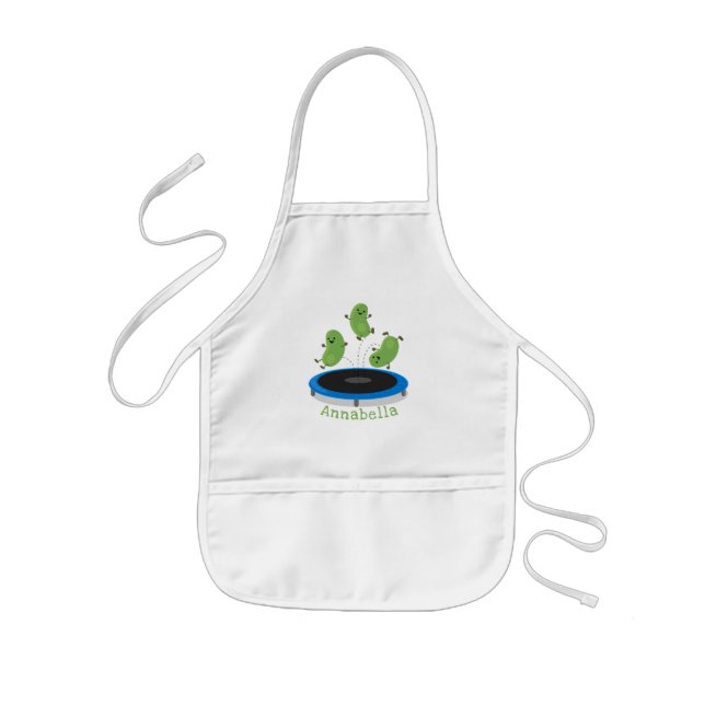 Cute funny green beans on trampoline cartoon kids' apron (Front)
