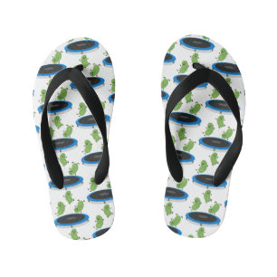 Cute funny green beans on trampoline cartoon kid's flip flops