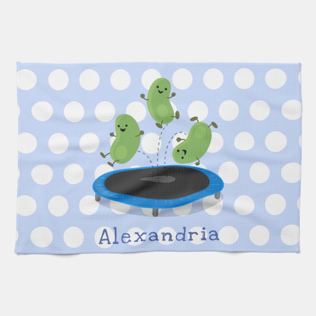 Cute funny green beans on trampoline cartoon kitchen towel (Horizontal)