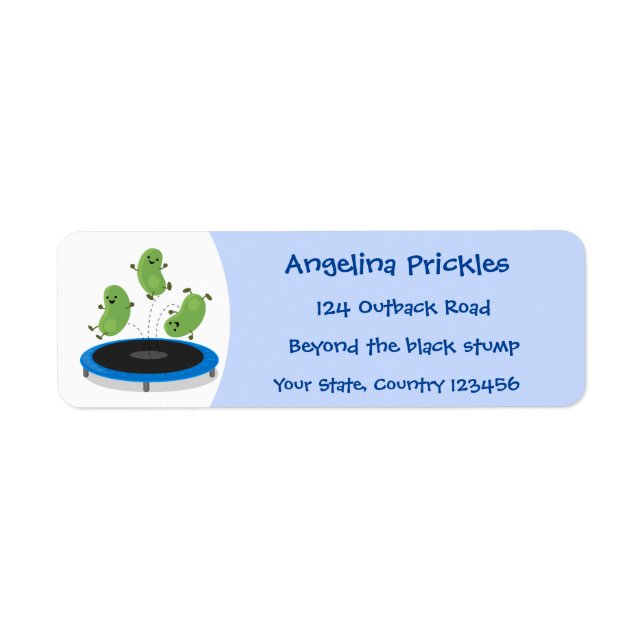 Cute funny green beans on trampoline cartoon label (Front)