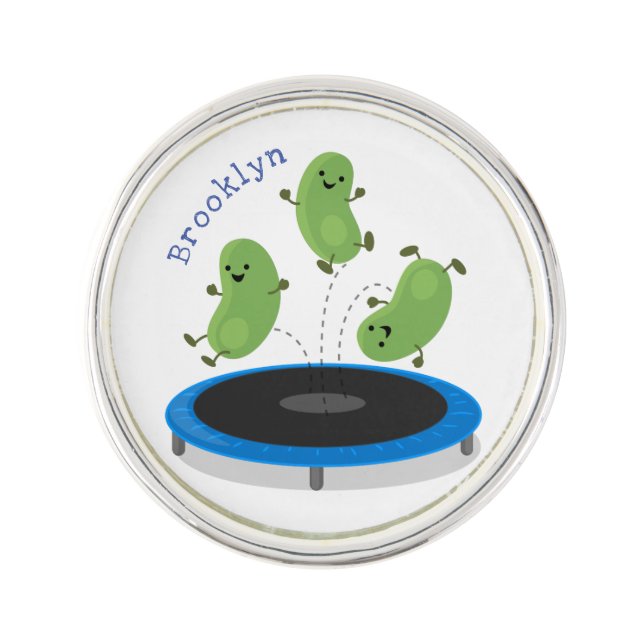 Cute funny green beans on trampoline cartoon lapel pin (Front)