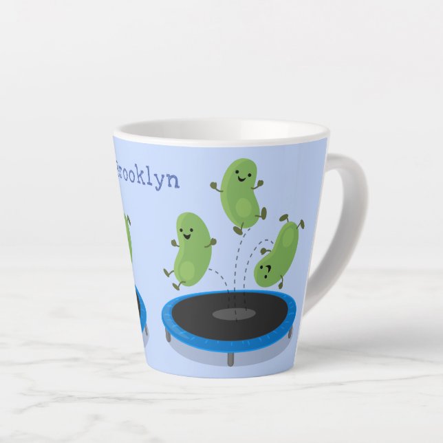 Cute funny green beans on trampoline cartoon latte mug (Right Angle)