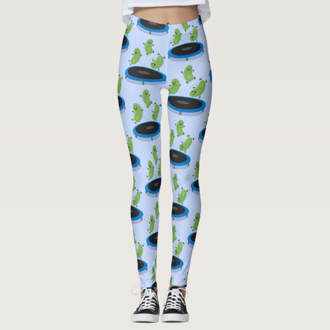Cute funny green beans on trampoline cartoon leggings (Front)