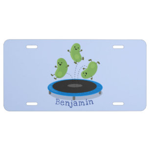 Cute funny green beans on trampoline cartoon license plate