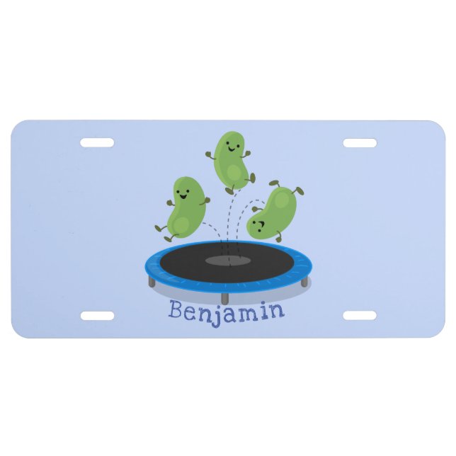 Cute funny green beans on trampoline cartoon license plate (Front)